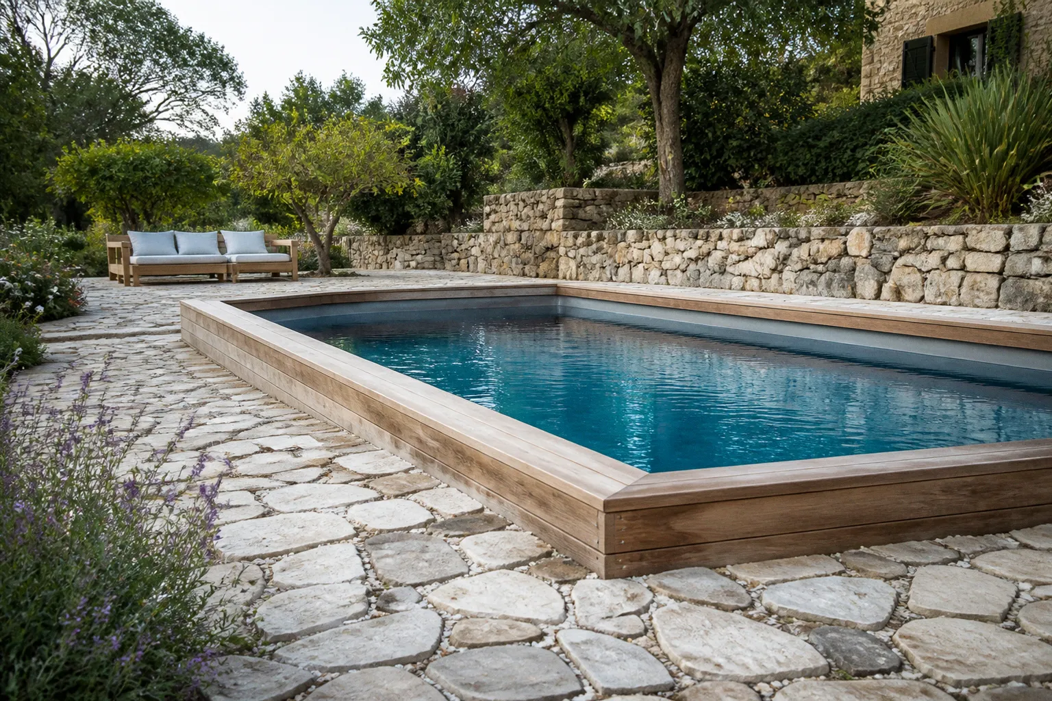 Aménager les abords d'une piscine en bois avec de la pierre naturelle