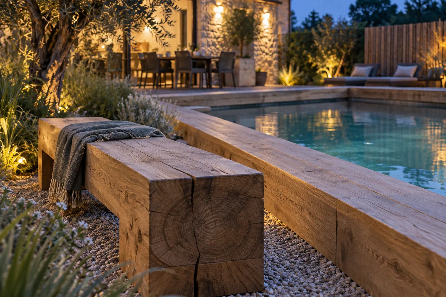 Aménager son jardin avec des bancs et margelles en traverses de chêne massif