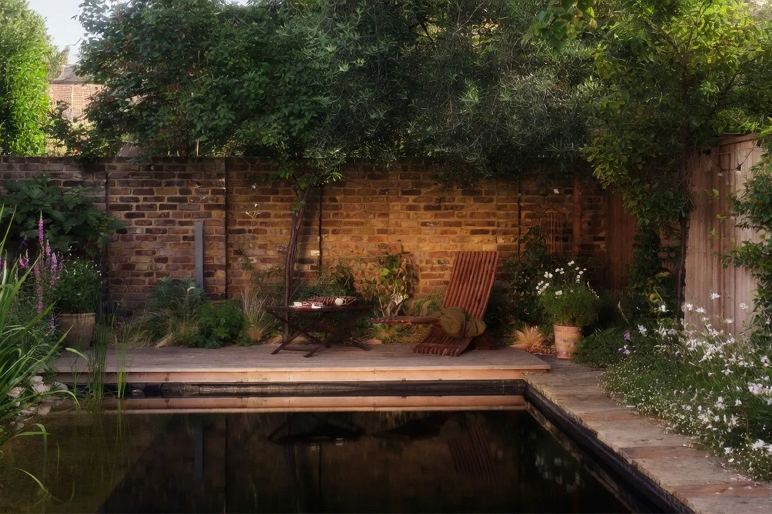 Aménager un bassin naturel et une terrasse en bois dans un petit jardin urbain